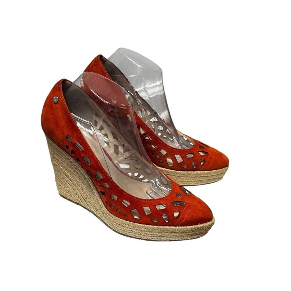 Calvin Klein Burnt Orange Viktoria Suede Espadrille Wedge Sandal Lasercut Size 9 - Picture 2 of 16